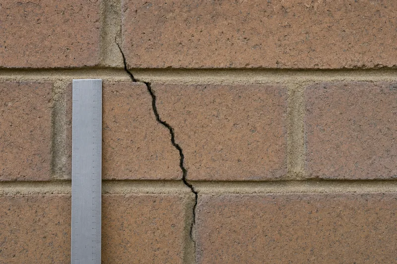 A brick wall with a crack running through mortar joints and across one brick, a steel rule laid beside it — cracked wall repair, Wollongong. Illustrative example.