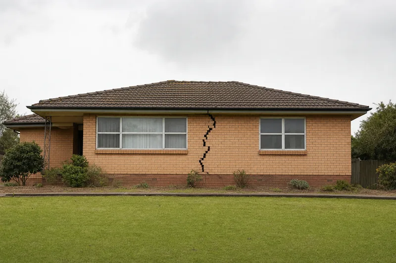 A single-storey brick house with a wide stair-step crack running down the wall between two windows, a level path and lawn edge in front — underpinning, Wollongong. Illustrative example.