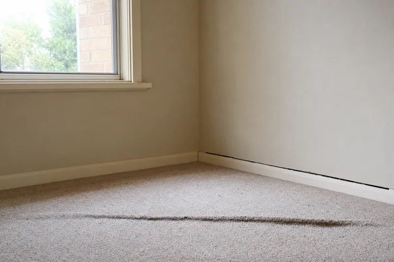 The corner of a carpeted room with a raised line across the floor and the skirting pulled from the wall along one side — house levelling, Wollongong. Illustrative example.