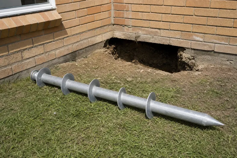 A steel pile with round plates along its shaft lying on grass beside a hollow at the base of a brick wall — screw piles, Wollongong. Illustrative example.