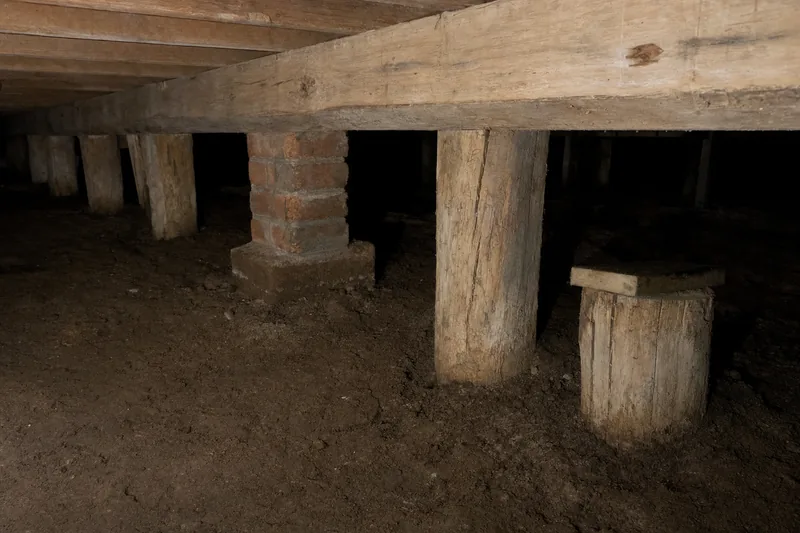 A subfloor lit from the side, with timber stumps and a brick pier under a large timber bearer, and a short stump with a plank on top — restumping, Wollongong. Illustrative example.