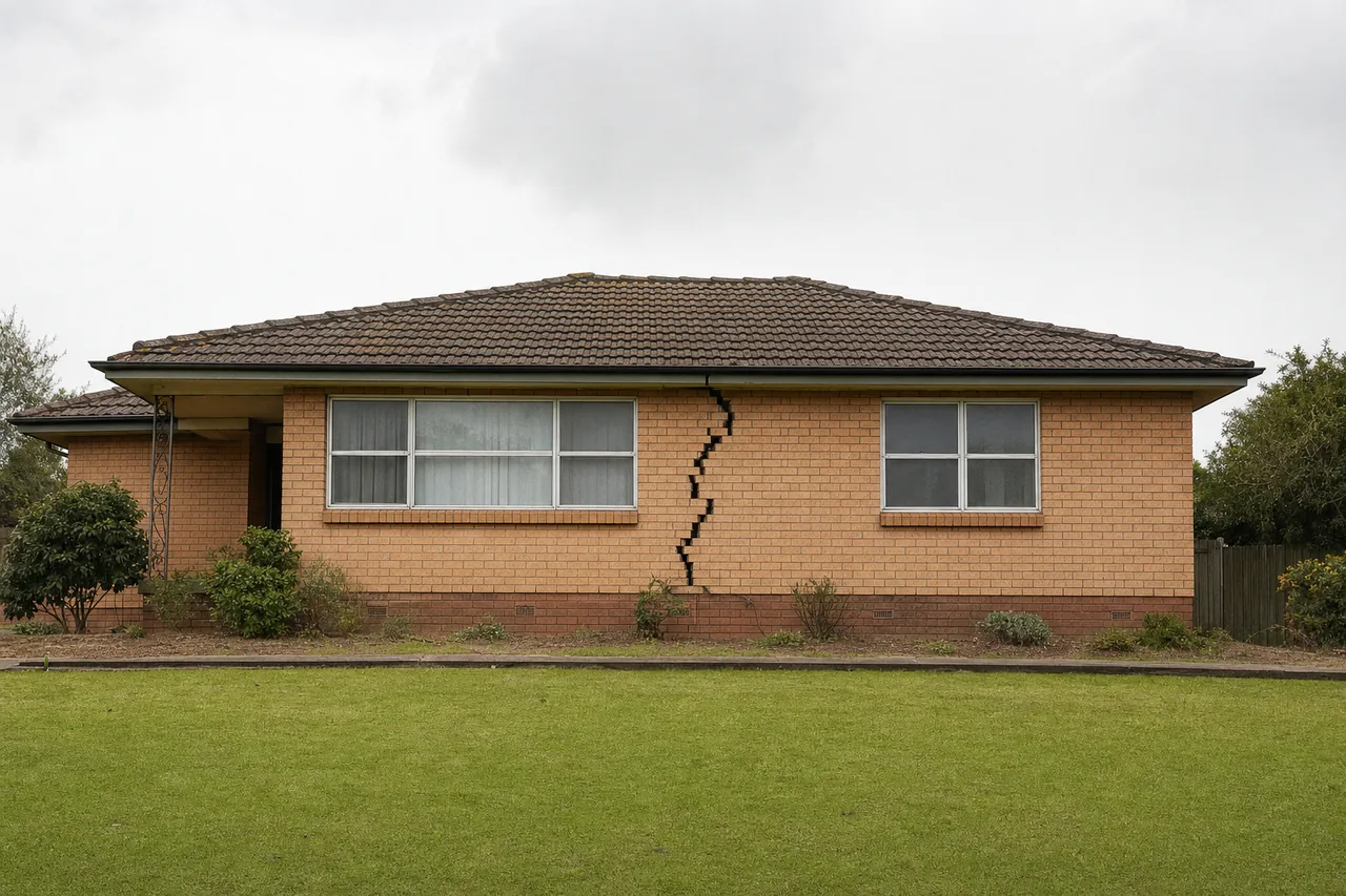 A single-storey brick house with a wide stair-step crack running down the wall between two windows, a level path and lawn edge in front — underpinning, Wollongong. Illustrative example.