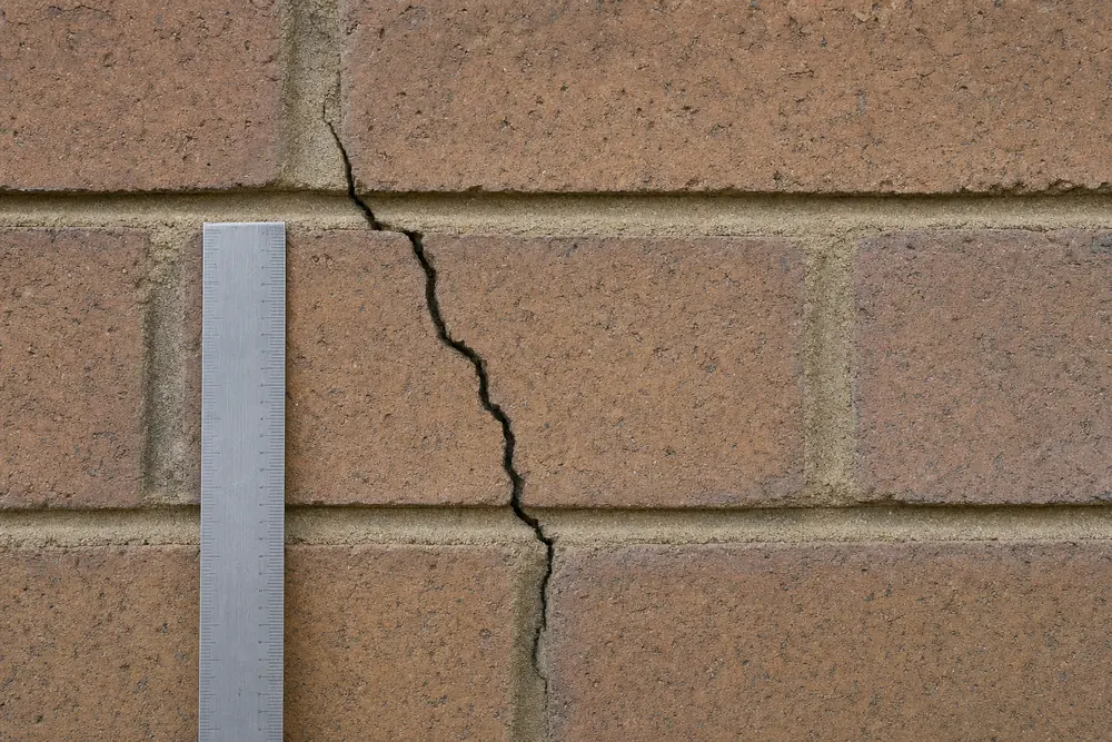 A brick wall with a crack running through mortar joints and across one brick, a steel rule laid beside it — cracked wall repair, Wollongong. Illustrative example.