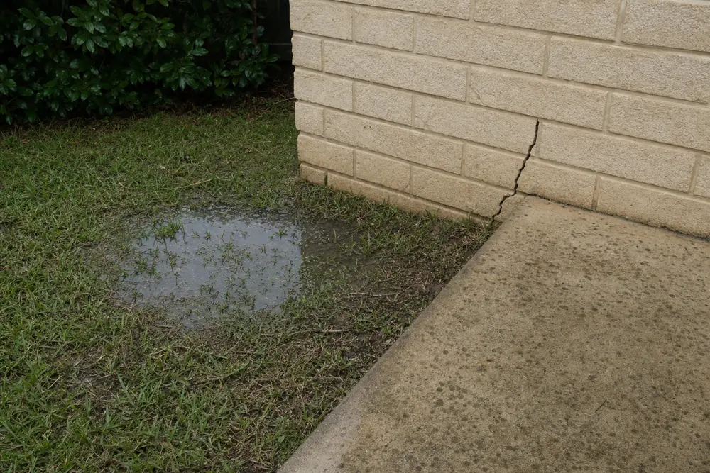 Damp grass with a shallow puddle at the foot of a pale brick wall beside a concrete path, and a crack rising up the wall from the path — underpinning, Wollongong. Illustrative example.