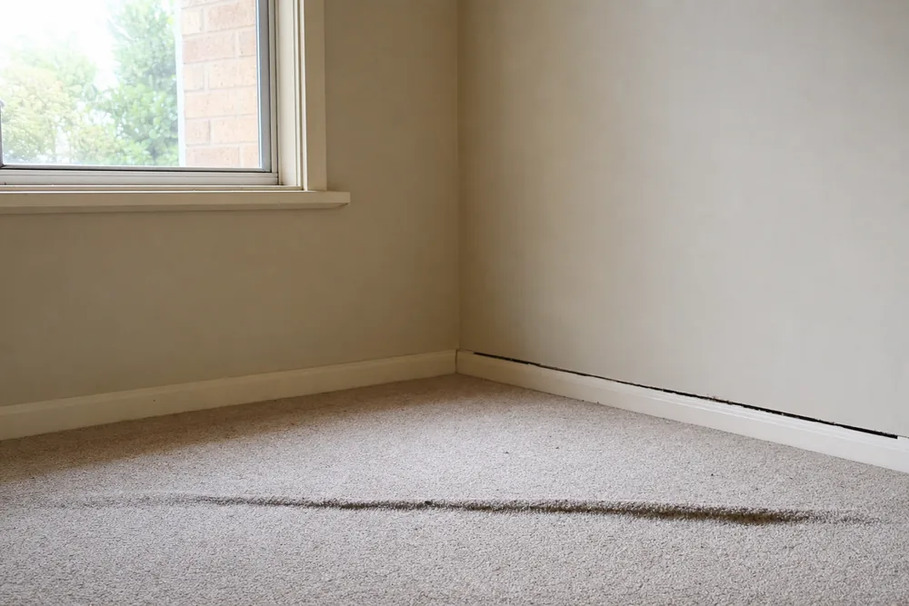 The corner of a carpeted room with a raised line across the floor and the skirting pulled from the wall along one side — house levelling, Wollongong. Illustrative example.