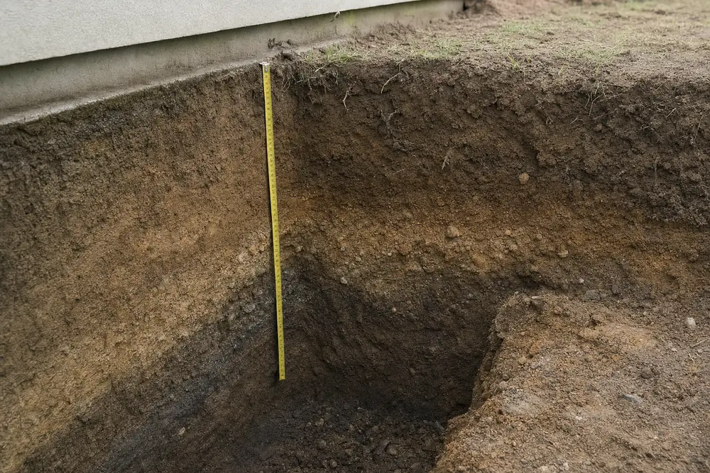 A trench beside a house footing with layers of soil in its wall and a tape measure hung against it — underpinning, Wollongong. Illustrative example.